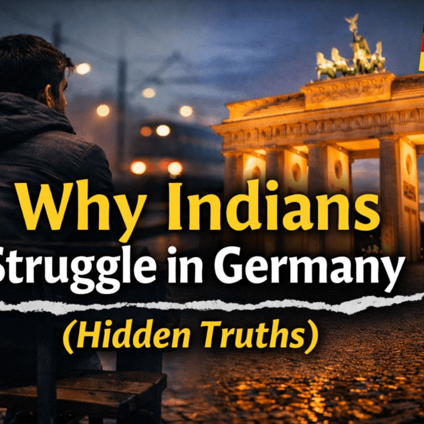 Indian man sitting alone near Brandenburg Gate at night symbolizing struggles of Indians in Germany