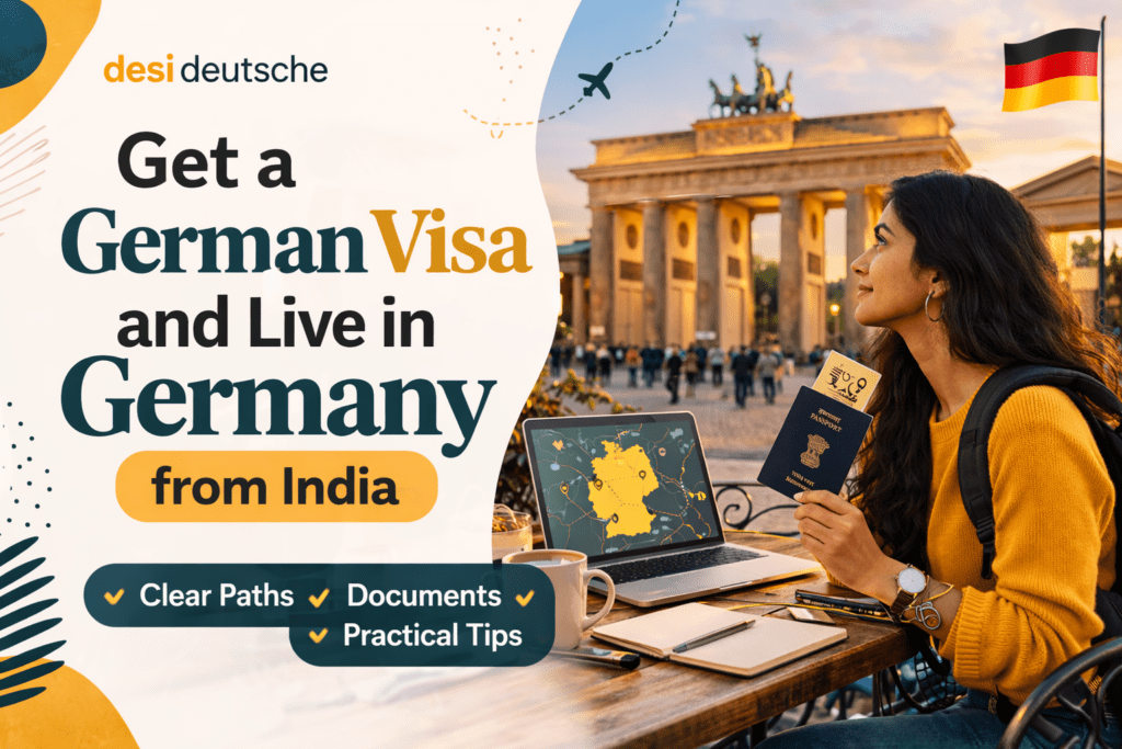 Indian woman planning to move to Germany with passport and documents in front of Brandenburg Gate
