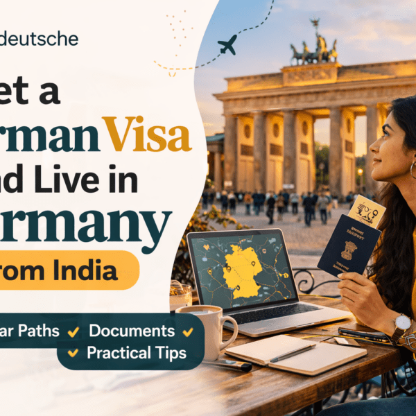 Indian woman planning to move to Germany with passport and documents in front of Brandenburg Gate