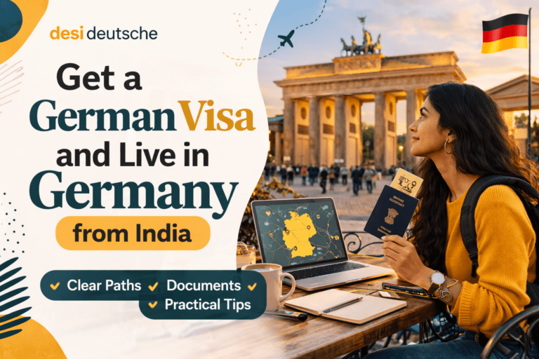 Indian woman planning to move to Germany with passport and documents in front of Brandenburg Gate