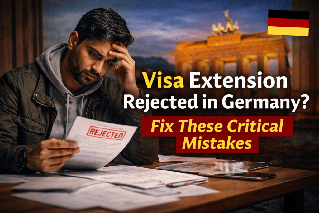 Visa extension rejected in Germany concept showing stressed expat holding rejection letter with Berlin background