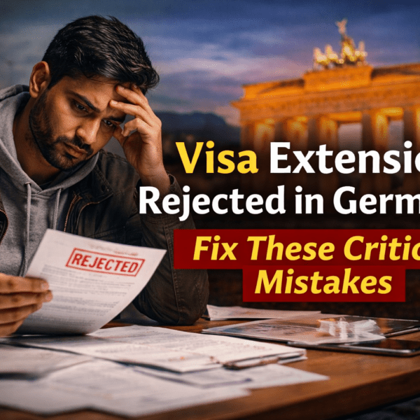 Visa extension rejected in Germany concept showing stressed expat holding rejection letter with Berlin background
